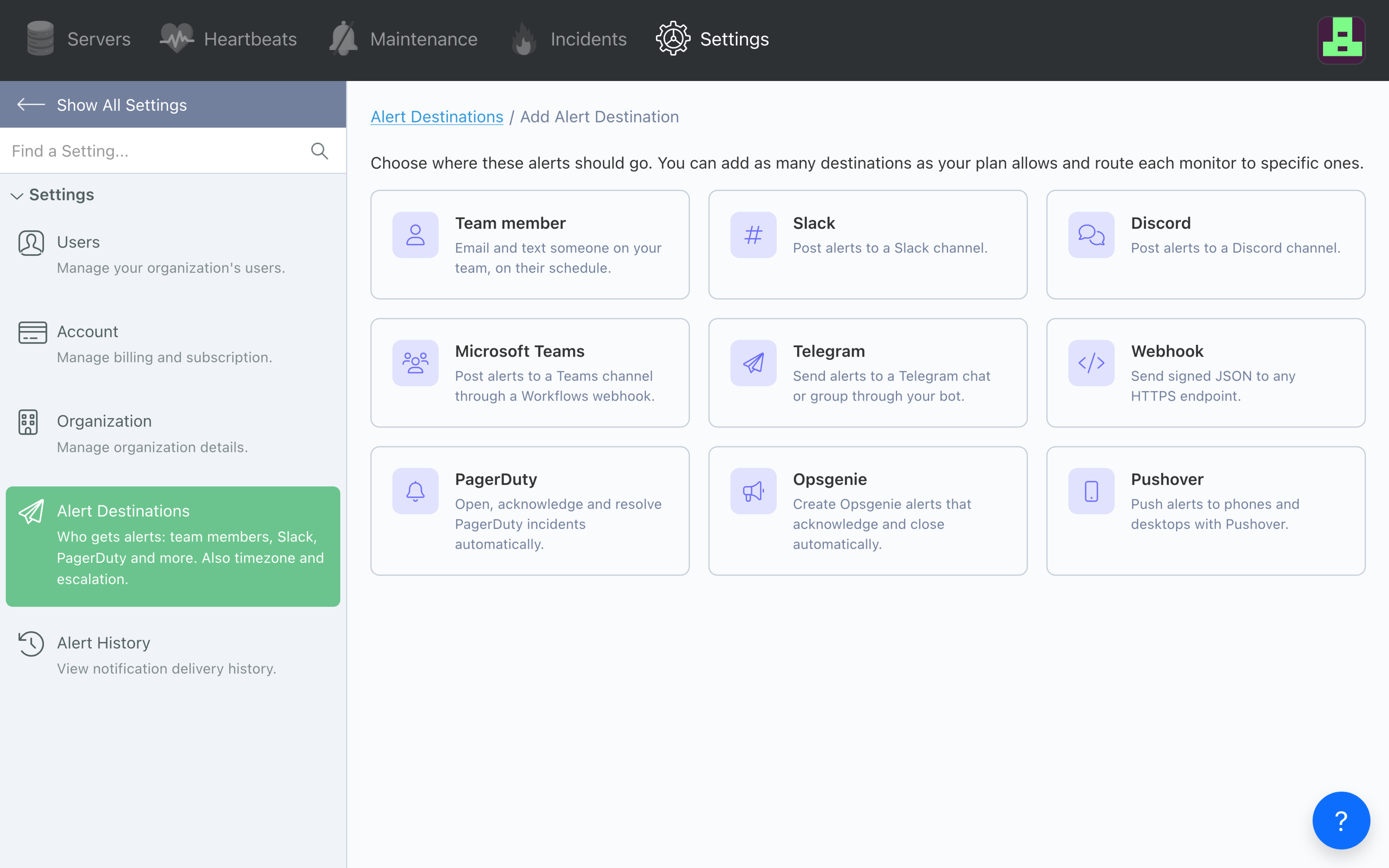 Pulsey Add Alert Destination screen listing Team member, Slack, Discord, Microsoft Teams, Telegram, Webhook, PagerDuty, Opsgenie and Pushover