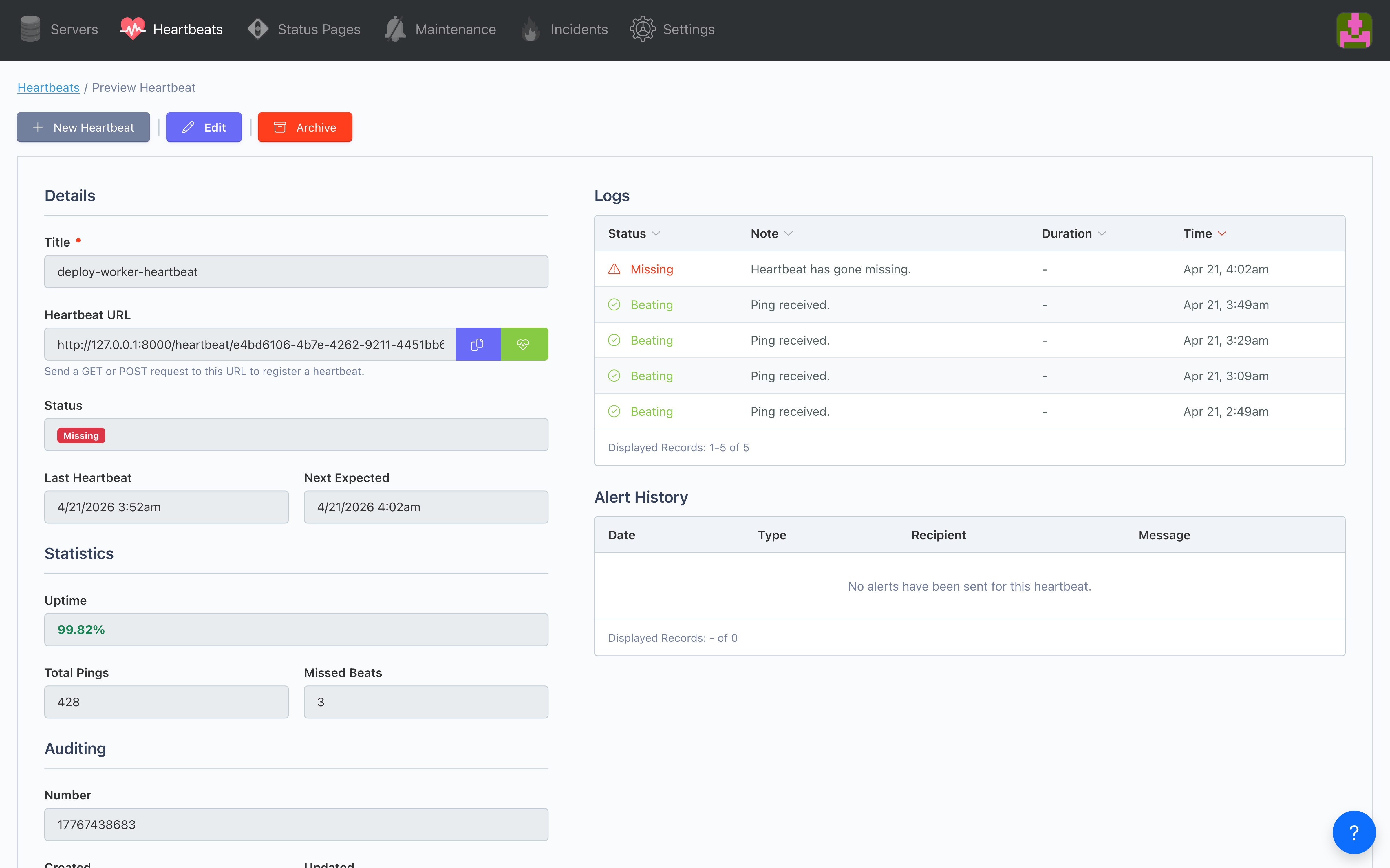 Pulsey heartbeat detail view showing a 10-minute worker heartbeat currently marked missing, with recent successful pings and a missed-beat entry in the log