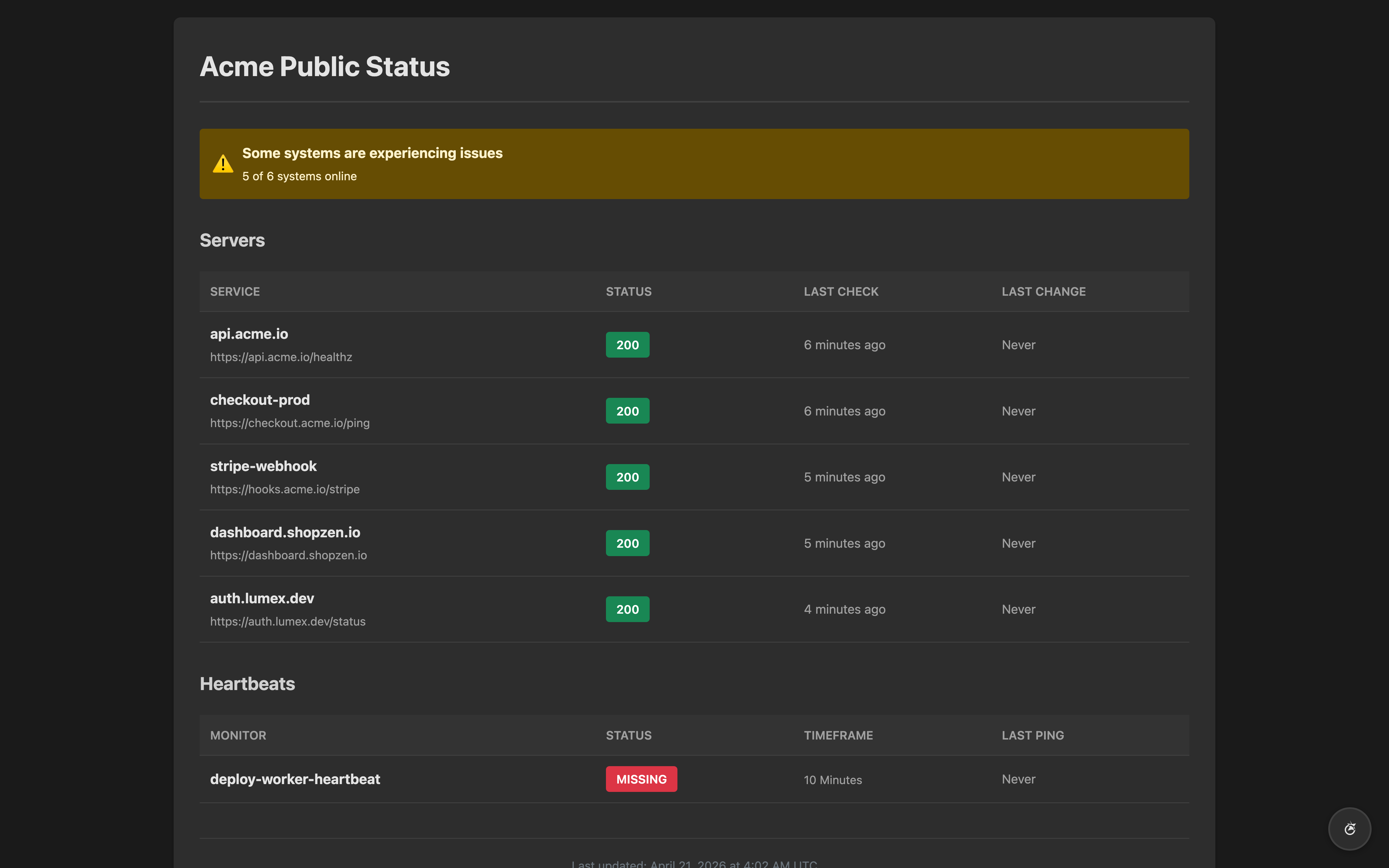 Public Pulsey status page with custom branding listing component statuses and a recent resolved incident in history